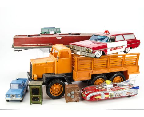 Rico Tinplate Battery Operated Fire-Chief Car: In original box, Tudor Rose large scale Cattle Truck, Tonka Tinplate Jeep, scr