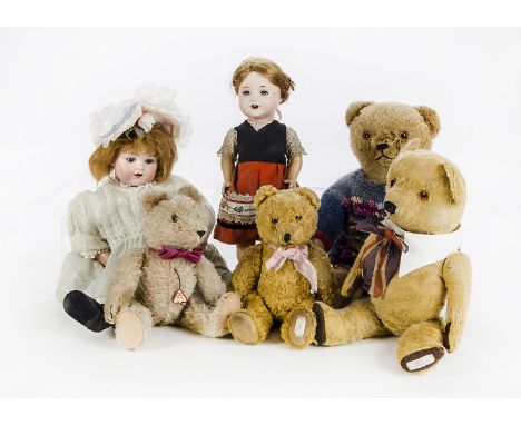 Various Teddy Bear and dolls: a Clemens Teddy Bear with beige mohair, brown and black plastic eyes, swivel head, jointed limb