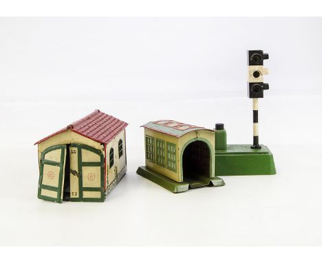 A Lehmann Tin Garage SEL Traffic Light and Tin Engine Shed Lehmann Garage with two doors, red roof , SEL two-way  Traffic Lig