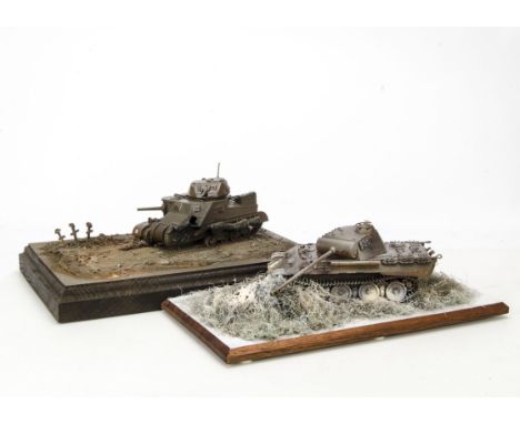 Kitbuilt and Painted WW11 1:24 Scale Tanks on Scenic bases: Tiger and Sherman Tanks both modelled to represent 'knocked out' 