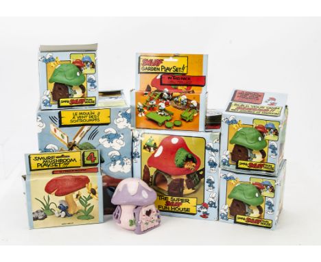 Collection of Smurf Accessories: including Mushroom Play set, Garden Play set, Fun House, Windmill, small Fun House (3, all w