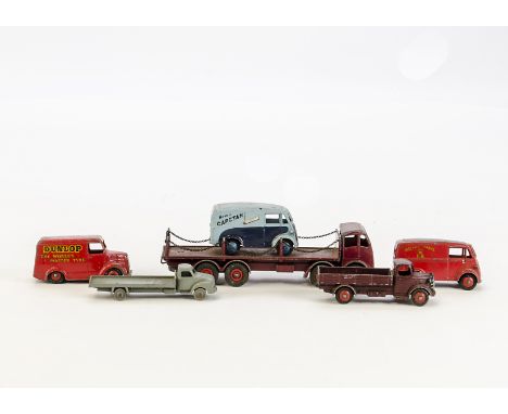 Dinky Toy Commercials, Foden Flat Truck with chains, maroon body, red hubs, Morris 'Capstan' Van, Dunlop Trojan Van, 30s Aust