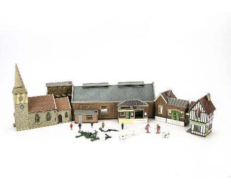 A Group of OO Scale Card Buildings and Scenic Appurtenances:  including some unmade Superquick buildings, others made up, pai