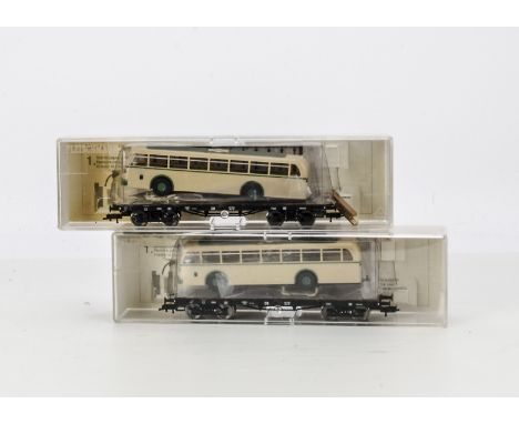 Fleischmann HO Gauge DB Flat wagons: ref 85 5286 K, each with Solingen UH III trolleybus loads, VG-E, in original boxes (2)