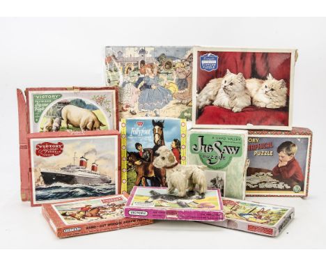 Plywood Victory Jig-Saw Puzzles, SS United States Liner, Cats, The Round Up, Geographical Puzzle, Rabbits, Puppy, Animals Fam