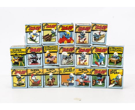 Collection of boxed Smurfs: including Airplane, Lawn Mower, Rocking Horse, Photographer, Sail Boarder, Cyclist, Chimney Sweep