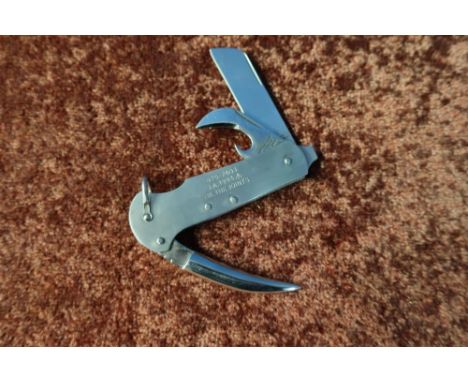 Military issue knife with two folding blades and folding spike, with lanyard ring marked 975-7403 J.A 1993 with broad arrow m