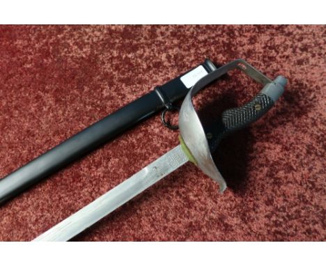 Spanish Cavalry type sword with 30 inch blade marked Toledo 1895, with steel guard engraved with crowned crest and steel scab