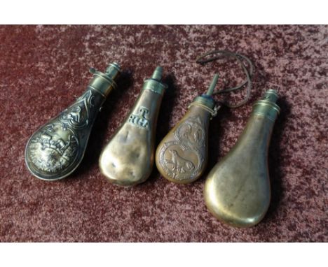 Brass &amp; copper powder flask by G &amp; J W Hawksley, another powder flask marked TRGA, and two other powder flasks (4) 