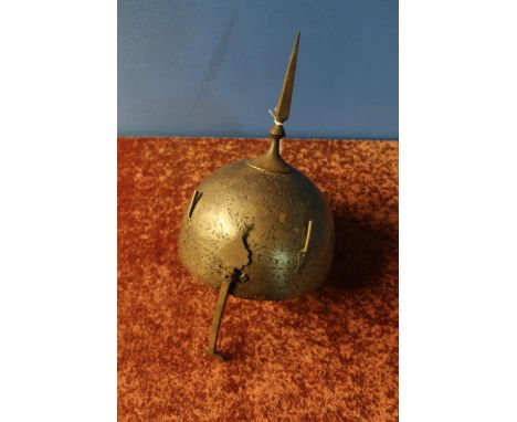 Indian steel Kula Khud helmet with nasal bar and twin plume holders and central spike finial engraved with various scroll-wor