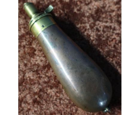 Brass and copper pistol powder flask by G &amp; J. W Hawksley with lanyard ring (overall length 14cm) 