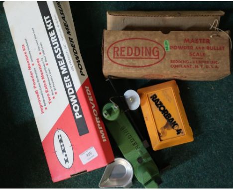 Boxed Lee powder measure kit, a Master Power powder and bullets scales and box set of razorback number 4 