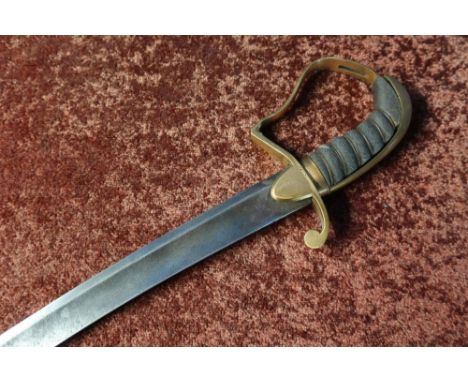 18th/19th C Sabre with 32 inch curved broad single fullered blade, with brass crosspiece and knuckle bow and wire bound shagr