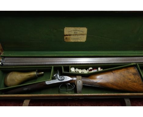 Leather cased 14 bore percussion cap double barrelled sporting gun by Thomson of Edinburgh, with 29 inch Damascus barrels wit