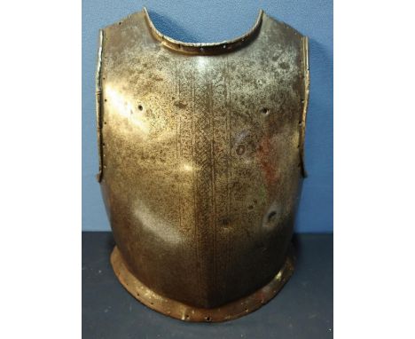 17th C circa English Civil War period heavy steel armour breast plate, with traces of engraved detail with central panel and 