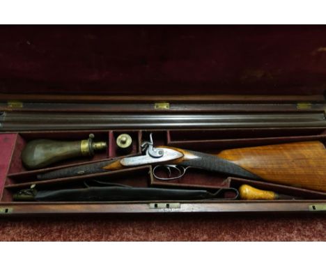 Mahogany cased 13 bore percussion cap side by side shotgun by Ward of London, with 29 1/2 inch Damascus barrels, with various