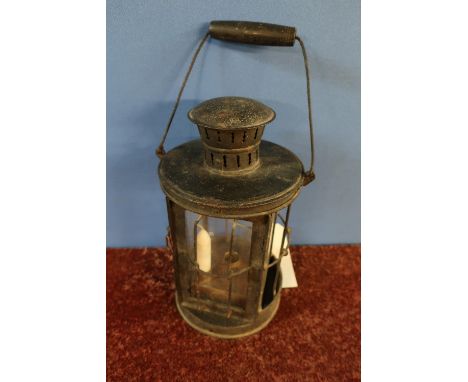 1916 dated Polkey army issue trench lamp with swing carry handle and makers plaque 