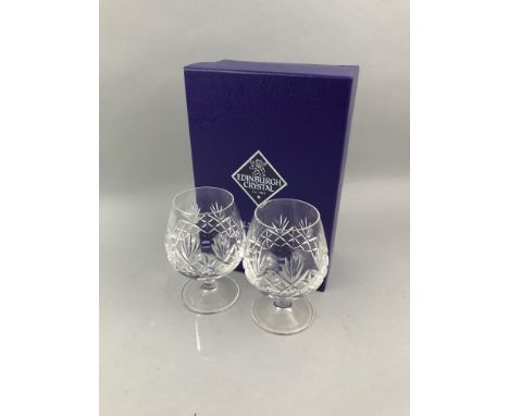 BOXED EDINBURGH CRYSTAL BRANDY GLASSES, along with a decanter