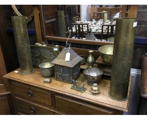 BRASS LANTERN SHADE, along with bells and other brass and metal ware