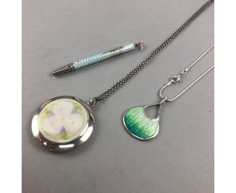 SILVER AND ENAMEL PILL BOX ON CHAIN, along with a silver and enamel pendant on chain and a retractable pencil (3)