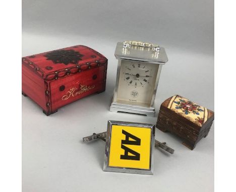 CARVED WOOD TRINKET BOX, of circular form, along with various other trinket boxes and a West German carriage clock