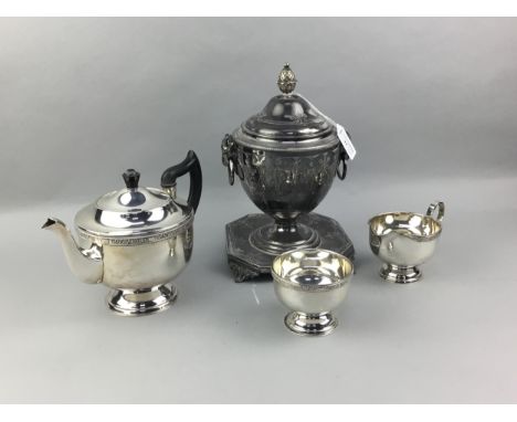 VICTORIAN SILVER PLATE URN SHAPED LIDDED JAR, 27cm high, along with a plated tea service, entree dishes and a set of mother o