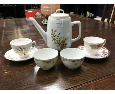 LOT OF FLORAL DECORATED TEA SERVICES, by Salisbury, Colclough and others, also a crystal decanter and other crystal ware