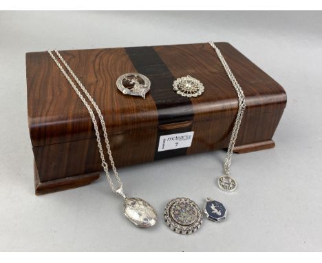 COLLECTION OF SILVER AND OTHER JEWELLERY, including pendants, bangle, chains and earrings, along with an Art Deco walnut cask