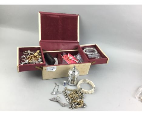 LOT OF COSTUME JEWELLERY, including a silver dog brooch, enamel thimble and dress pearls