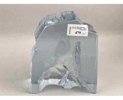 STRANBERGSHYTTAN GLASS DESK WEIGHT, 15.5cm high, along with two ships in bottles and a Mary Gregory style decanter (4)