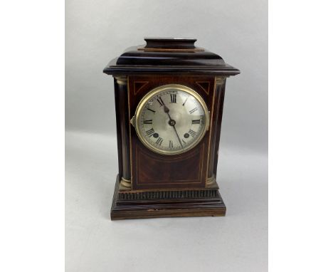 EDWARDIAN MAHOGANY INLAID MANTEL CLOCK, 37cm high