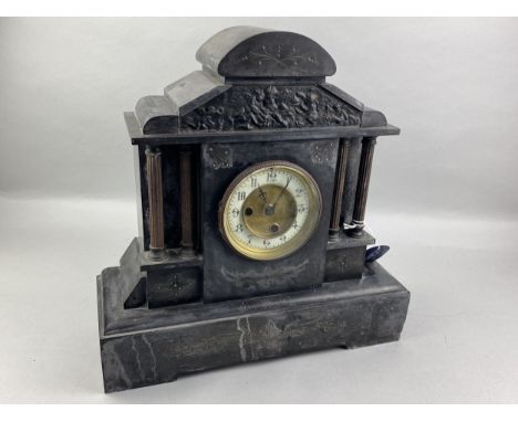 LATE VICTORIAN BLACK SLATE MANTEL CLOCK, 38cm high