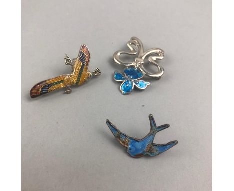 SILVER AND ENAMEL BIRD BROOCH, along with two enamel brooches (3)