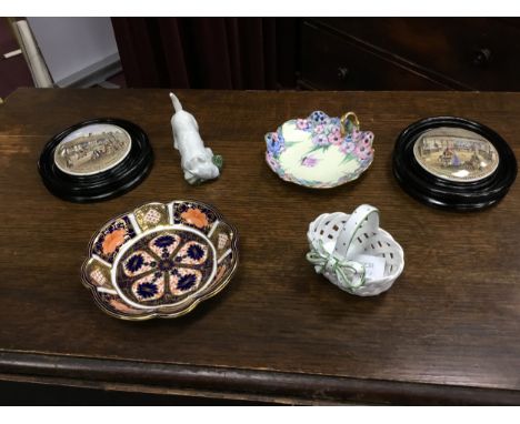 ROYAL CROWN DERBY IMARI PATTERN SHAPED CIRCULAR DISH, along with a Royal Copenhagen dog, handpainted dish, two prattware pot 