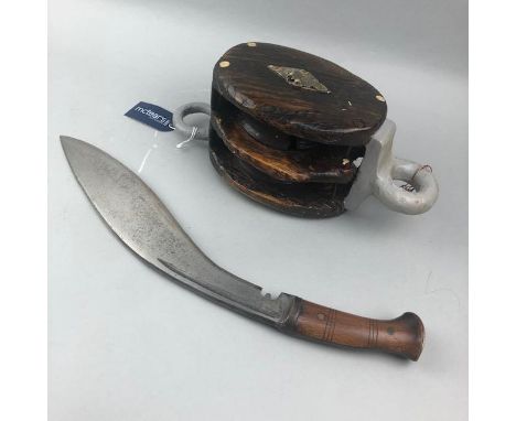 19TH CENTURY WOOD AND BRASS SHIP'S PULLEY, 30cm long, along with three fishing reels, a wood handled machete, Meerschaum pipe