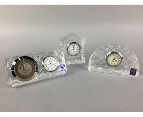EDINBURGH CRYSTAL MILLENNIUM COIN CLOCK, 12cm wide, boxed, along with two Edinburgh Crystal clocks, one boxed (3)