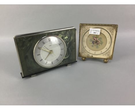 METAMEC QUARTZ MANTEL CLOCK, 21cm wide, along with two petit point mantel clocks and one other (4)