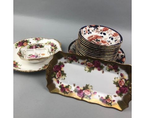 ROYAL ALBERT OLD COUNTRY ROSES CAKE PLATE AND PIN DISH, along with a Royal Crown Derby pin dish, Royal Chelsea dish and vario