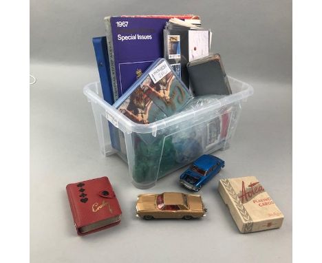 COLLECTION OF VINTAGE CIGARETTE CARDS, along with various vintage sets of playing cards, coins, stamps, a Corgi Buick Riviera