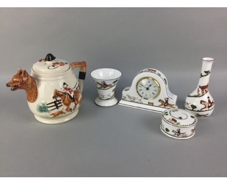 PORTLAND POTTERY COBRIDGE HUNTING TEA POT, along with a Wedgwood hunting clock, Coalport hunting vase and trinket box, and a 