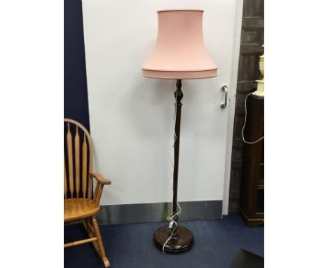 MAHOGANY STANDARD LAMP, with shade, 185cm high, along with an embroidered fire screen, a fender stool and a circular footstoo