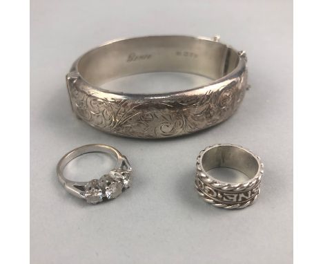 SILVER BANGLE, SILVER RING AND PASTE SET RING