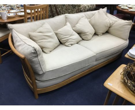 ERCOL OAK THREE SEATER SOFA, 197cm wide, along with a two seater sofa