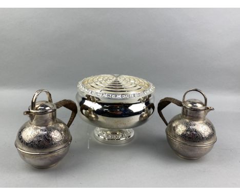 SILVER PLATED ROSE BOWL, along with a silver plated rectangular tray, tea service, tray, barometer and other objects