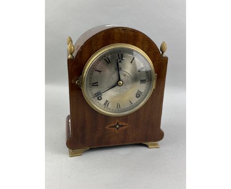 EDWARDIAN MAHOGANY INLAID MANTEL CLOCK, the domed top with four acorn finials, 47cm high