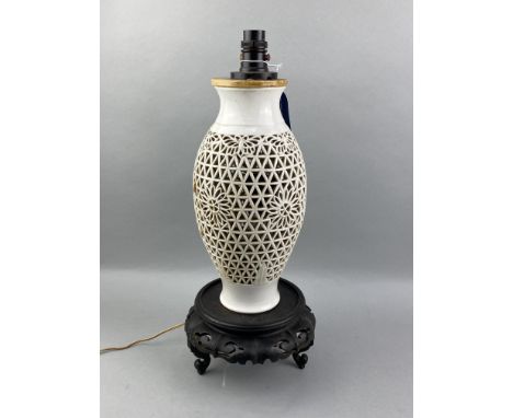 CERAMIC LAMP WITH RETICULATED BODY, 36cm high, along with parts of tea services including Royal Vale and Royal Standard