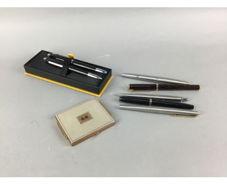 LOT OF FOUNTAIN PENS, including two Parkers, Sheaffer, two Cross pens, German pen and a giltmetal mounted compact