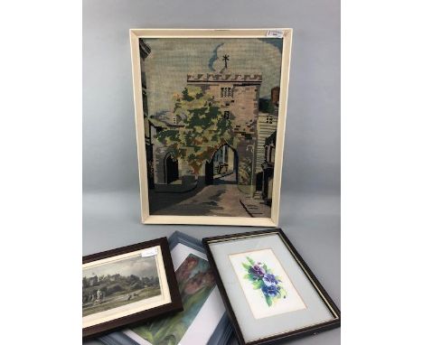 FRAMED WOOL TAPESTRY, along with three prints (4)