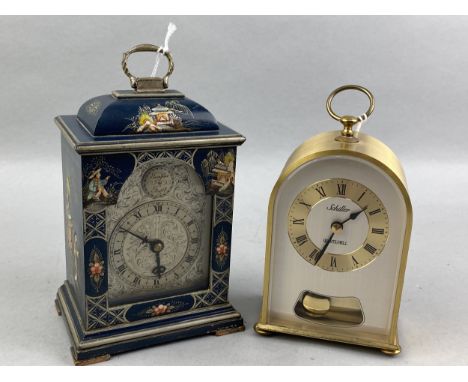 CHINOISERIE DECORATED PAGODA SHAPED MANTEL CLOCK, 19cm high, along with a brass carriage clock (2)