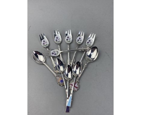 SET OF SIX SILVER AND ENAMEL COFFEE SPOONS, along with a silver R.N.L.I spoons, plated and enamel cake forks and a pair of si